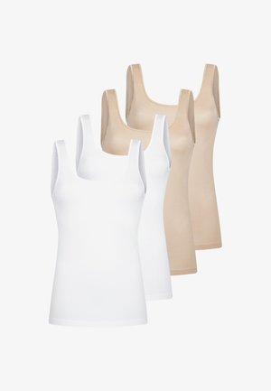 Zwei weiße und zwei beige ärmellose Tanktops, abwechselnd farbig auf weißem Hintergrund angeordnet.