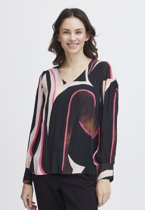 Blusa nera a maniche lunghe con scollatura a V, decorata con motivi astratti in rosa e crema. Realizzata in tessuto leggero, con una vestibilità rilassata e maniche con polsini.