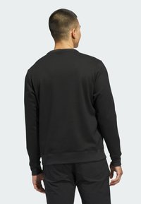 Black sweatshirt with long sleeves, crew neckline, and ribbed cuffs. Smooth texture, minimalistic design, no visible logos or patterns.