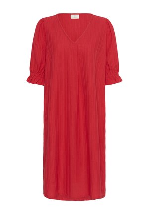 Czerwona midi sukienka z dekoltem w kształcie litery V, krótkimi bufkami z falbankami oraz fakturowanym materiałem. Gładki, lekki materiał.