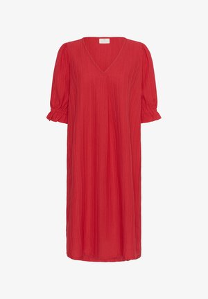 Czerwona midi sukienka z dekoltem w kształcie litery V, krótkimi bufkami z falbankami oraz fakturowanym materiałem. Gładki, lekki materiał.