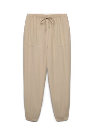 Pantalon décontracté beige avec ceinture et poignets élastiques, poches plaquées à l'avant et fermeture par cordon.