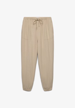 Pantaloni casual beige con vita e polsini elasticizzati, tasche applicate frontali e chiusura con coulisse.