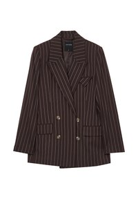 Braun gestreifter doppelreihiger Blazer mit Reverskragen, zwei frontalen Taschen und goldfarbenen Knöpfen. Glatte Stofftextur.