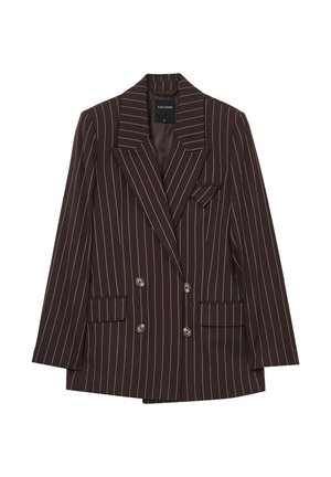 Blazer doppiopetto a righe marroni con rever a punta, due tasche frontali e bottoni dorati. Tessuto dalla texture liscia.