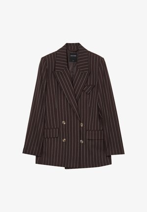 Blazer marron à rayures fines, à double boutonnage, avec des revers crantés, deux poches avant et des boutons en ton or. Texture de tissu lisse.