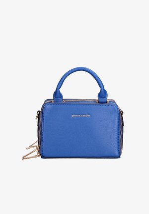 Borsa a mano blu in pelle con finitura testurizzata, forma rettangolare, dettagli in metallo dorato, manici superiori e logo del marchio sul davanti.