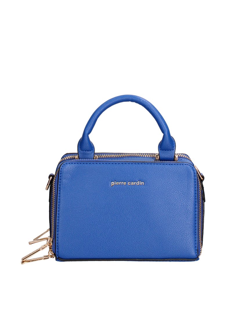 Borsa a mano blu in pelle con finitura testurizzata, forma rettangolare, dettagli in metallo dorato, manici superiori e logo del marchio sul davanti.