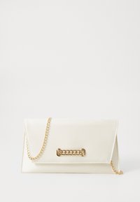 White satin clutch bag with gold chain strap, featuring a gold chain detail on the front flap. Smooth texture and envelope design.