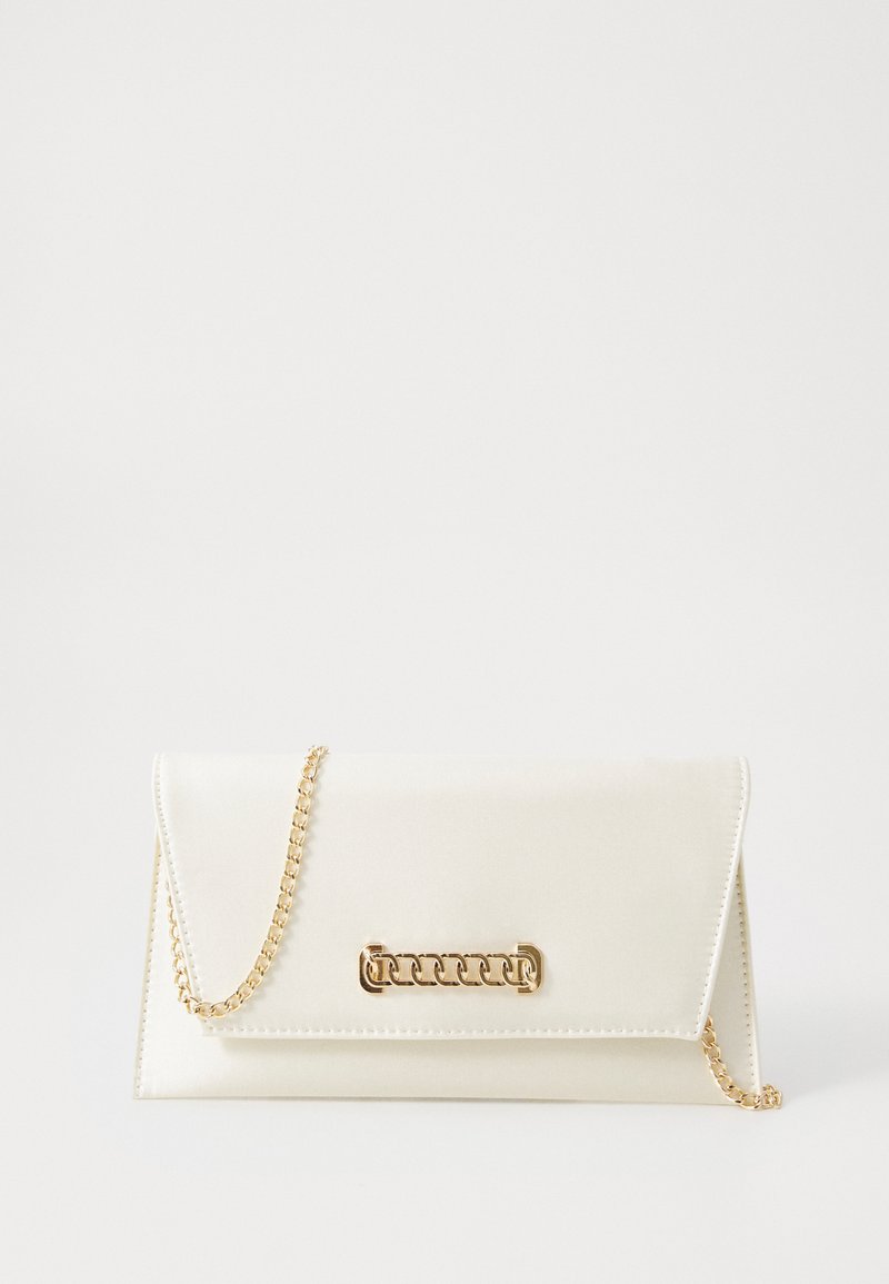 White satin clutch bag with gold chain strap, featuring a gold chain detail on the front flap. Smooth texture and envelope design.