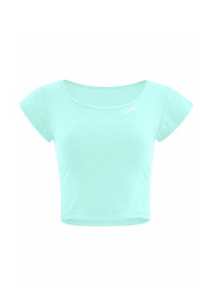 Mintgroene cropped t-shirt gemaakt van zachte stof, met een ronde halslijn, korte mouwen en een klein logo op de borst.