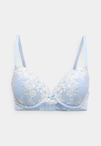 Lyseblå bh med blonder i elfenben, udstyret med polstrede skåle, justerbare stropper og en satin sløjfe i midten.