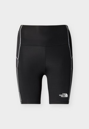 Fekete magas derékú sport rövidnadrág fehér varrással és a The North Face logóval a jobb alsó lábszáron.