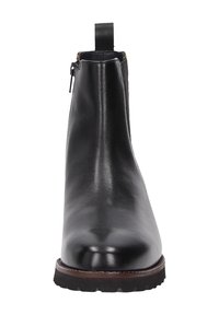 Black leather ankle boot with a smooth finish, elastic side panels, and a pull tab at the back. Flat rubber sole with slight tread.