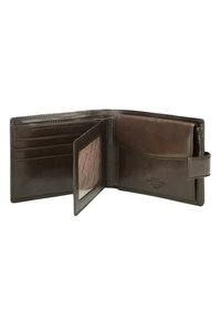 Brown leather wallet with a smooth finish, featuring multiple card slots, a transparent ID window, and a snap closure.