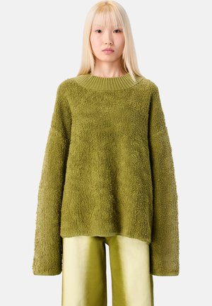 Suéter verde texturizado con un cuello amplio de punto y mangas largas, combinado con pantalones ligeros verdes a juego. Tela suave, ajuste oversize.