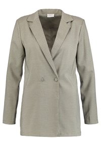 Dwurzędowa marynarka w czarno-biały wzór pepitki, z ostrym kołnierzem, długimi rękawami i dopasowanym krojem.