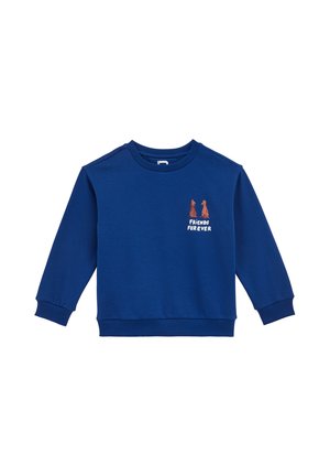 Blue sweatshirt in cotton blend, features ribbed neckline and cuffs, with two brown dog illustrations and the text "FRIENDS FOREVER."