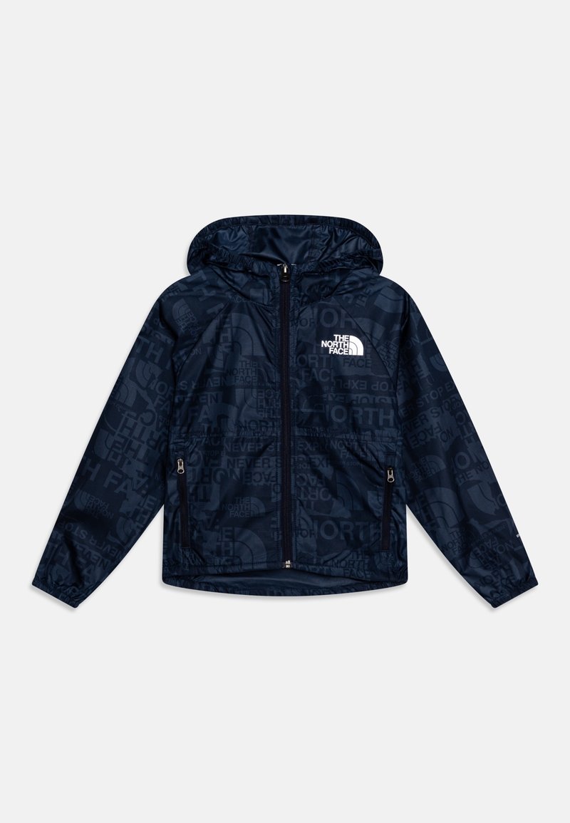 Navy zip-up jacket with hood, featuring a textured pattern of the brand name, two side pockets, and a white logo on the chest.