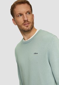 Hellgrüner Strickpullover mit Rundhalsausschnitt, ausgestattet mit einem kleinen marineblauen s.Oliver-Logo auf der Brust und gerippten Bündchen.