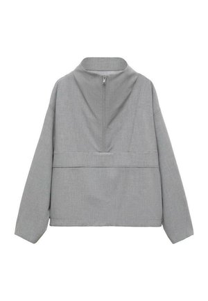 Gray quarter-zip pullover, featuring a high collar and long sleeves. Made from textured fabric with a subtle pattern and a relaxed fit.
