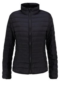 Black puffer jacket with a zip front, high collar, horizontal quilted design, and side pockets. Made from lightweight, water-resistant material.