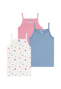 Three tank tops: one white with colorful heart pattern, one light blue, and one pink striped. All feature thin straps and soft fabric.