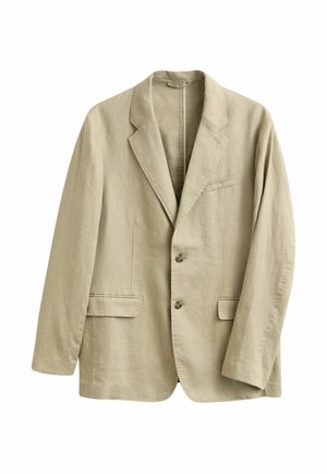 Blazer de lino beige con solapas de muesca, dos bolsillos delanteros con solapa, bolsillo de ojal en el pecho y dos botones en el cierre frontal.