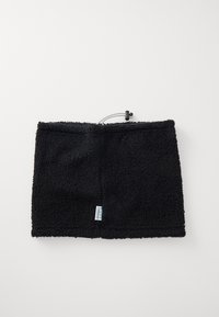 Cuello térmico de lana negra con una superficie texturada, que cuenta con un cierre de cordón en la parte superior y una pequeña etiqueta de logo en el lateral.