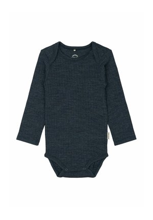 Dlhý rukáv tmavomodrý body vyrobený z textúrovanej látky, s patentkami na spodnej časti a okrúhlym výstrihom.