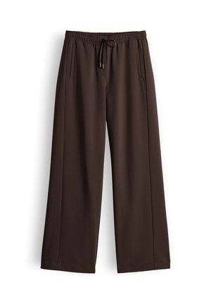 Pantalon large marron en tissu lisse, doté d'une taille élastique avec un cordon de serrage et deux poches latérales.