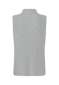 Gilet sans manches en tricot côtelé gris clair avec un col haut, vu de dos sur fond blanc.