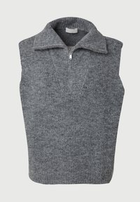 Grauer, gestrickter ärmelloser Sweater-Vest mit einem halben Reißverschlusskragen und geripptem Muster, vor einem schlichten Hintergrund präsentiert.