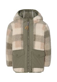 Kinderjacke mit Kapuze, gefertigt aus einer Mischung von beigefarbenem, braunem und grünem, kuscheligen Material sowie einer glatten, olivgrünen Vorderseite mit zwei Druckknopftaschen.