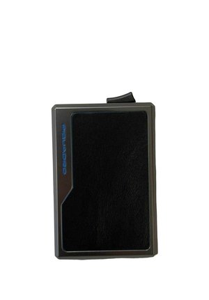 Portefeuille rectangulaire noir et gris avec un panneau avant en cuir et un petit levier noir sur le dessus.