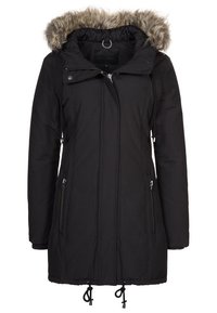 Zwarte winterparka met een faux fur-voering in de capuchon, een frontale ritssluiting, twee ritszakken, een verstelbare taille met trekkoord en elastische manchetten.