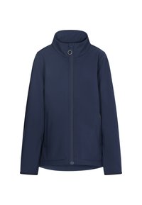 Mørkeblå softshell-jakke med høj krave, fuld frontlynlås og lange ærmer. Har en glat, struktureret stof.