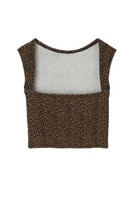 Haut à imprimé léopard présentant un motif texturé marron avec un dos léger et transparent. Un col rond et des manches courtes complètent le design.