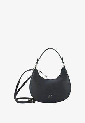 Schwarze Lederhandtasche mit einer geschwungenen Silhouette, ausgestattet mit einem oberen Griff und einem verstellbaren Schulterriemen. Silbertöniges Logo-Detail auf der Vorderseite.