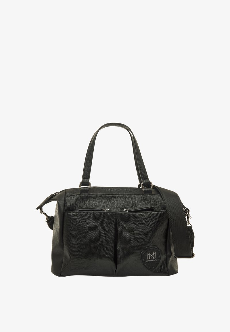 Sac à main noir en matériau synthétique texturé ; comporte deux poches zippées à l'avant, des poignées supérieures et une bandoulière amovible.