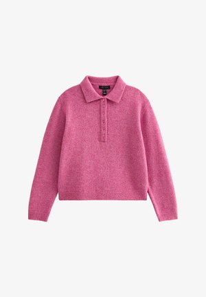 Pull-over rose en tricot avec un col à revers, doté d'une patte de boutonnage et de manches longues. Texture douce et coupe courte.