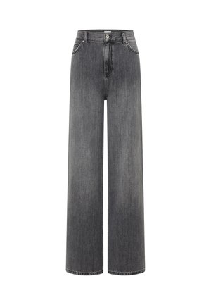 Grijze denim jeans met hoge taille en wijde pijpen, voorzien van knopen aan de voorkant, ritssluiting, riemlussen en zij- en muntzakken.
