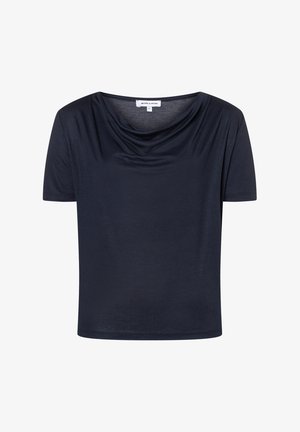 Marineblaues Kurzarmhemd mit einem drapierten Ausschnitt und glattem, leichtem Stoff. Schlichtes Design, ohne Verzierungen oder Muster.