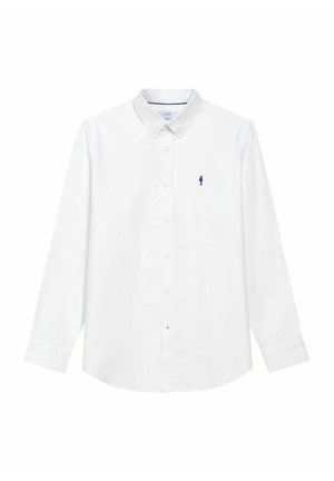 Biała koszula z długim rękawem i kołnierzykiem zapinanym na guziki, wykonana z bawełny, z małym niebieskim logo na lewej piersi i prostym dołem.
