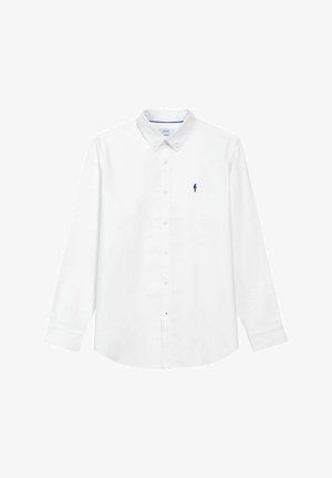 Biała koszula z długim rękawem i kołnierzykiem zapinanym na guziki, wykonana z bawełny, z małym niebieskim logo na lewej piersi i prostym dołem.