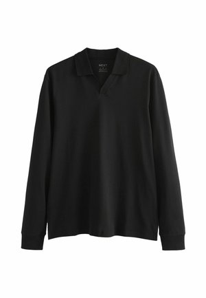 Polo a maniche lunghe nera con scollo a V e polsini a coste. Realizzato in morbido tessuto, presenta una vestibilità regolare e un'etichetta del marchio discreta all'interno.