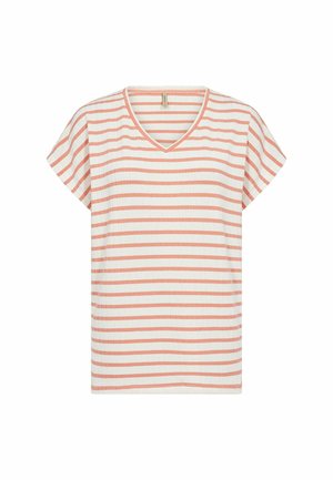 Gestreept T-shirt met een V-hals, gemaakt van lichtgewicht stof, met afwisselend koraalrode en crèmekleurige horizontale strepen, korte mouwen.