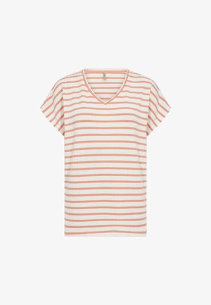 Stribet T-shirt med V-udskæring, fremstillet af letvægtsstof, med skiftende koral- og cremefarvede vandrette striber, korte ærmer.