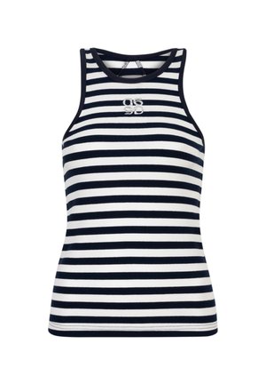 Gestreepte tanktop in marineblauw en wit, geribbeld materiaal, mouwloos ontwerp, ronde halslijn, met logoborduring op de borst.