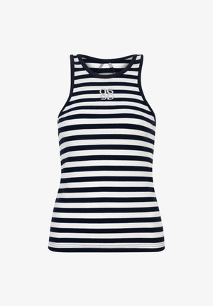 Débardeur rayé en bleu marine et blanc, tissu côtelé, design sans manches, col rond, avec broderie du logo sur la poitrine.